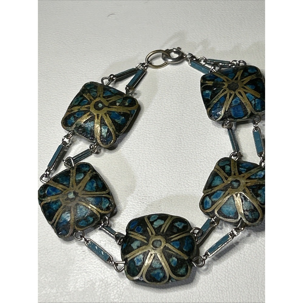 Vintage‎ Sterling Tibet Nepalese Style Turquoise Wire Inlay Bead Bracelet 5515 - Picture 2 of 13